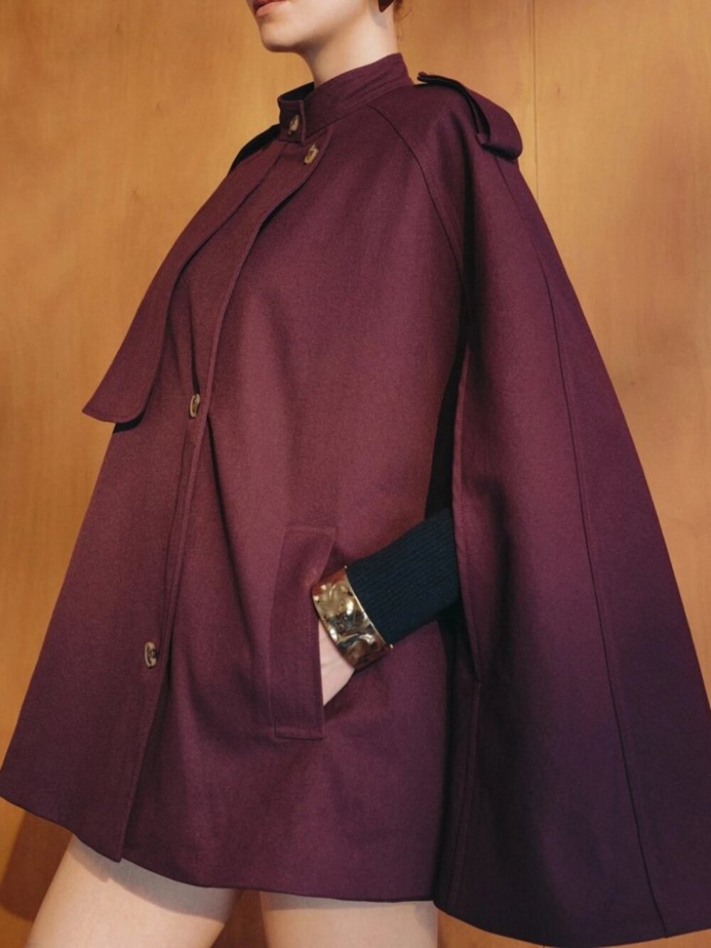 Burgundy Cape Coat with Stand Collar and Button Placket